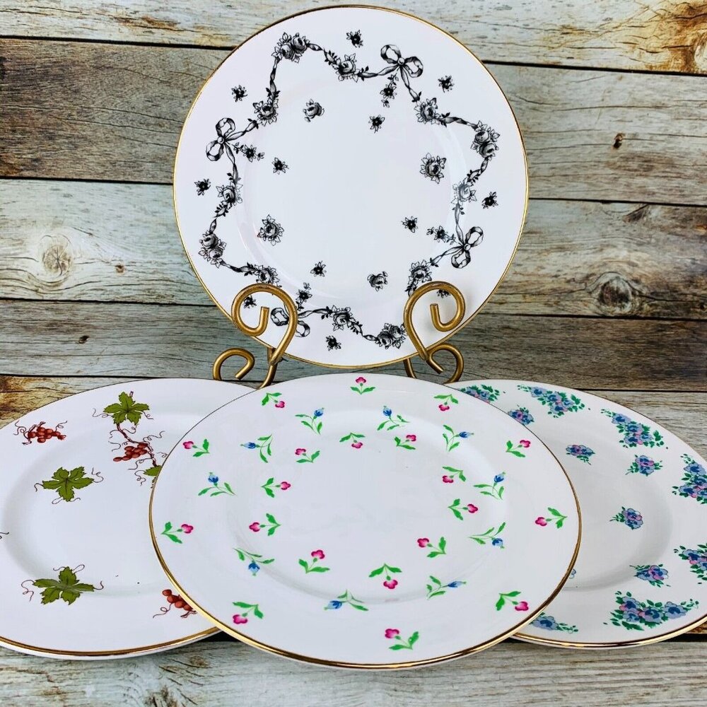 Royal Victoria SHABBY CHIC Fine Bone China Floral Gold Cottage Lunch Plate Set 4